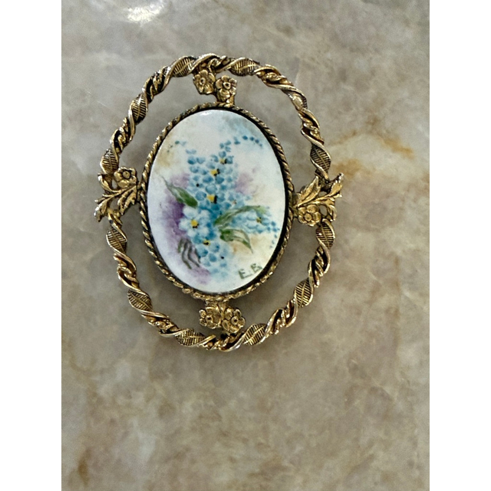 Porcelain hand painted vintage Brooch/ pendant White bluebells, golden frame.